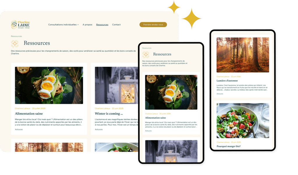 Pages actualités du site de Charline Laine sur ordinateur et mobile