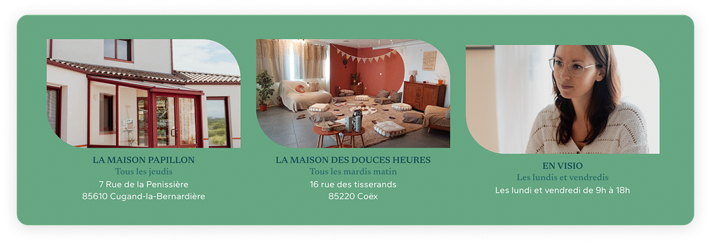 Section présentant les lieux de consultation sur le site de Charline Laine