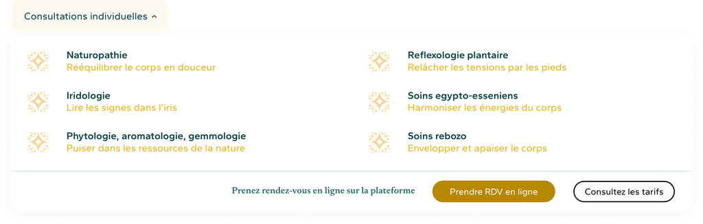 Menu du site de Charline Laine avec un sous-titre pour chaque soin
